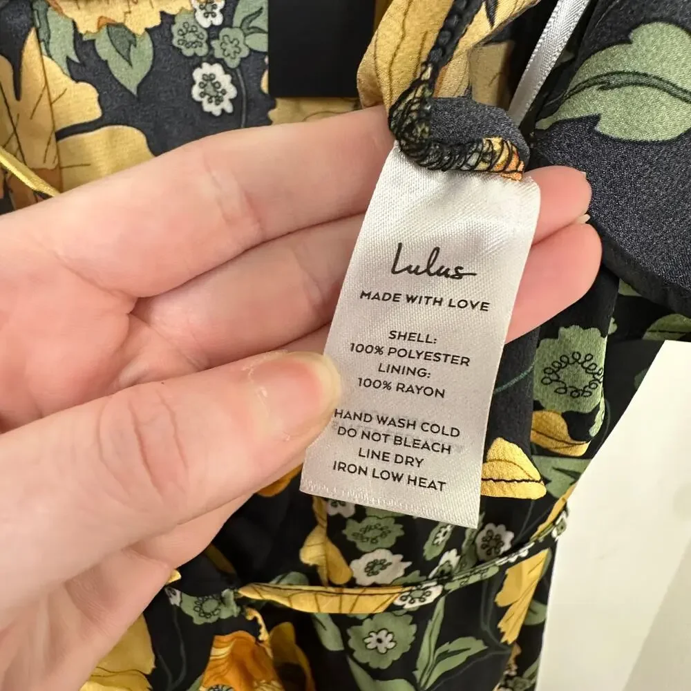 Md NWT Lulus Perfectly Curated Black Floral Wrap Dress Ruffle High-Low Maxi Fall - Picture 4 of 7